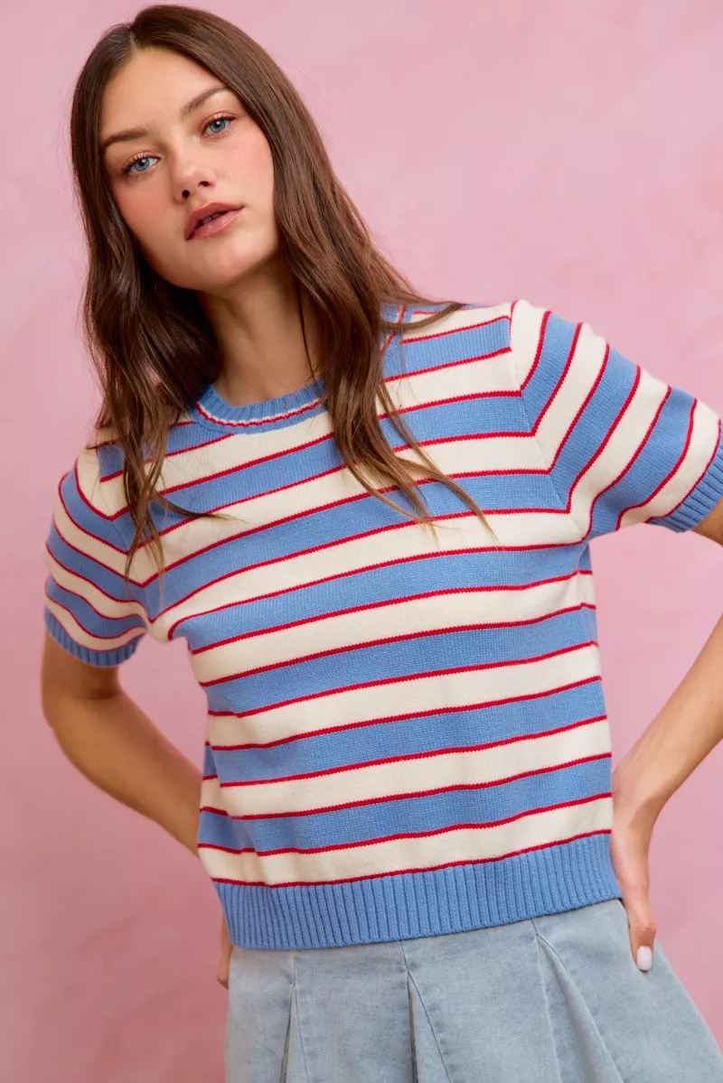 Stripe Knit Crew Neck Short Sleeves Sweater Top, image 4