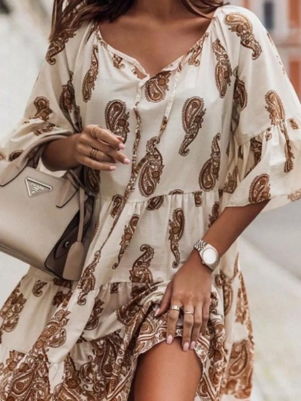 Paisley Print Tie Neck Half Sleeve Mini Dress, image 8
