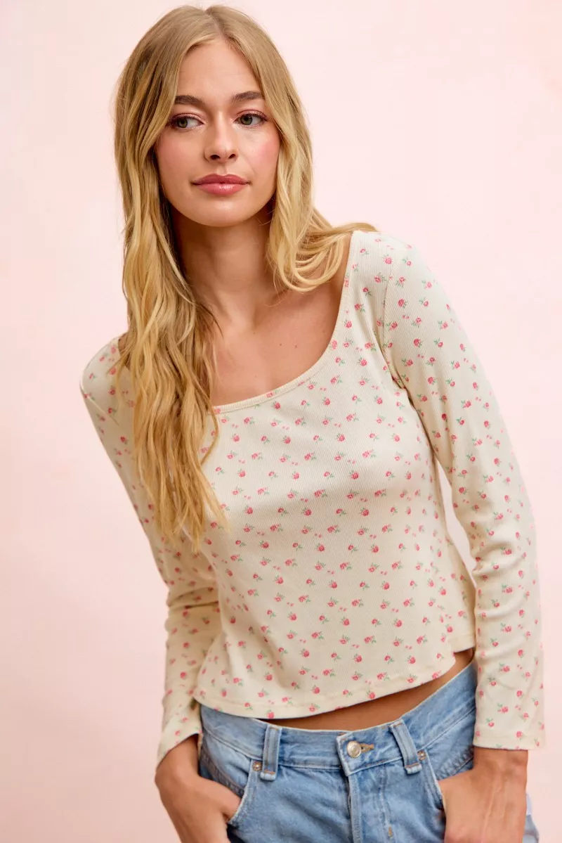 BiBi Floral Printed Spandex Jersey Long Sleeve Top, image 4
