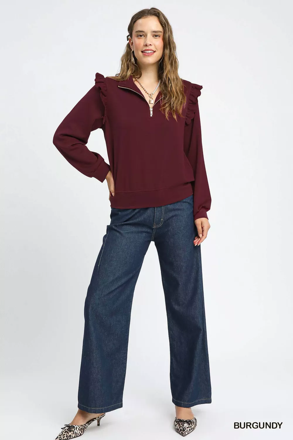 Luxeknit Ruffle Shoulder Quarter-Zip Sweatshirt, image 4