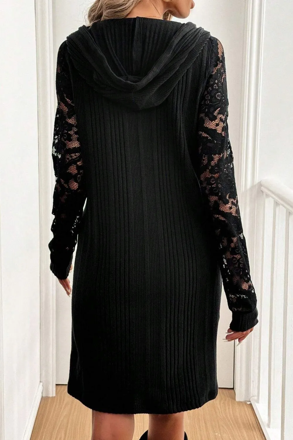 Lace Patchwork Long Sleeve Hooded Dress, image 5