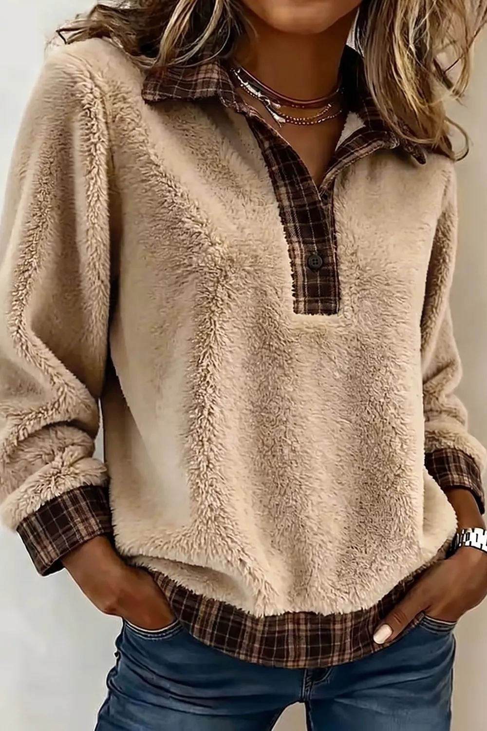 Plaid Collar Button Front Fleece Pullover Sweatshirt, image 2