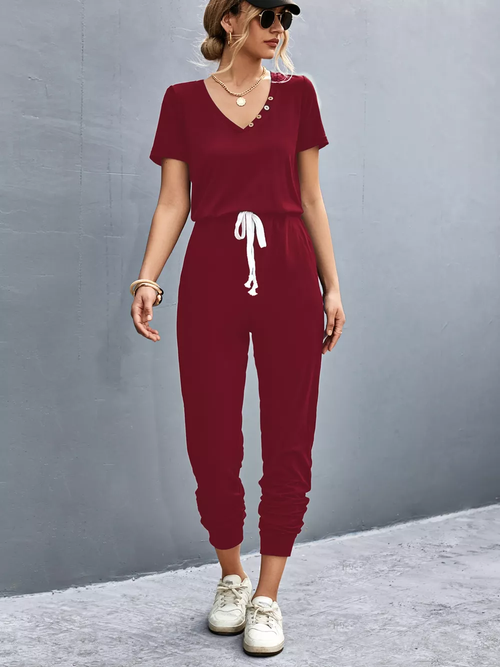 Casual V-Neck Short Sleeve Drawstring Waist Jumpsuit, image 4