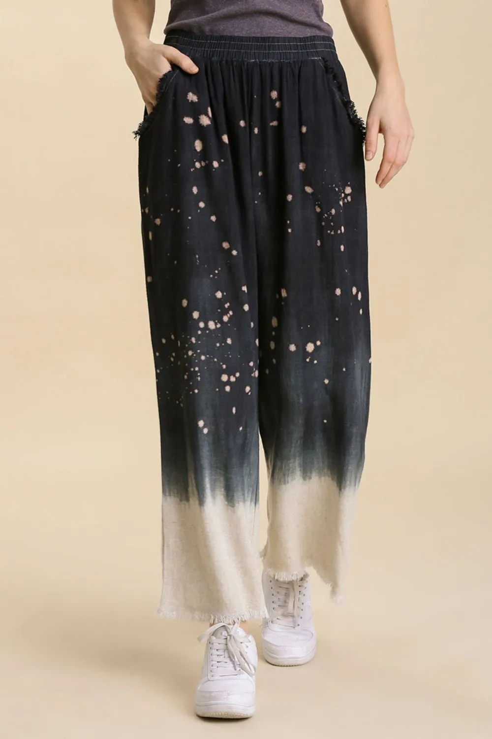 Full Size Raw Hem Linen Blend Bleach Dip Dye Wide Leg Pants Plus Size