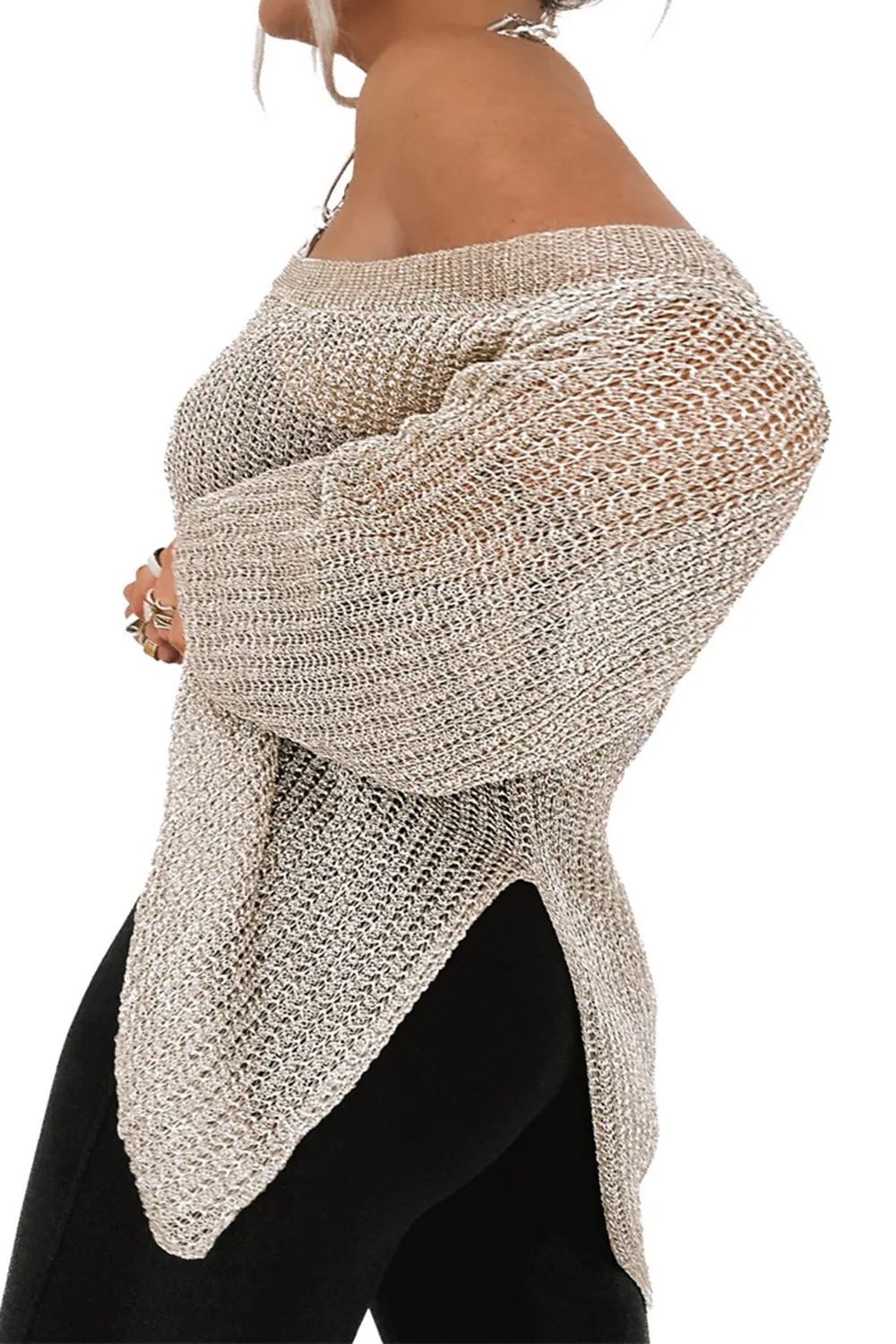 Side Slit Long Sleeve Knit Cover Up, image 3