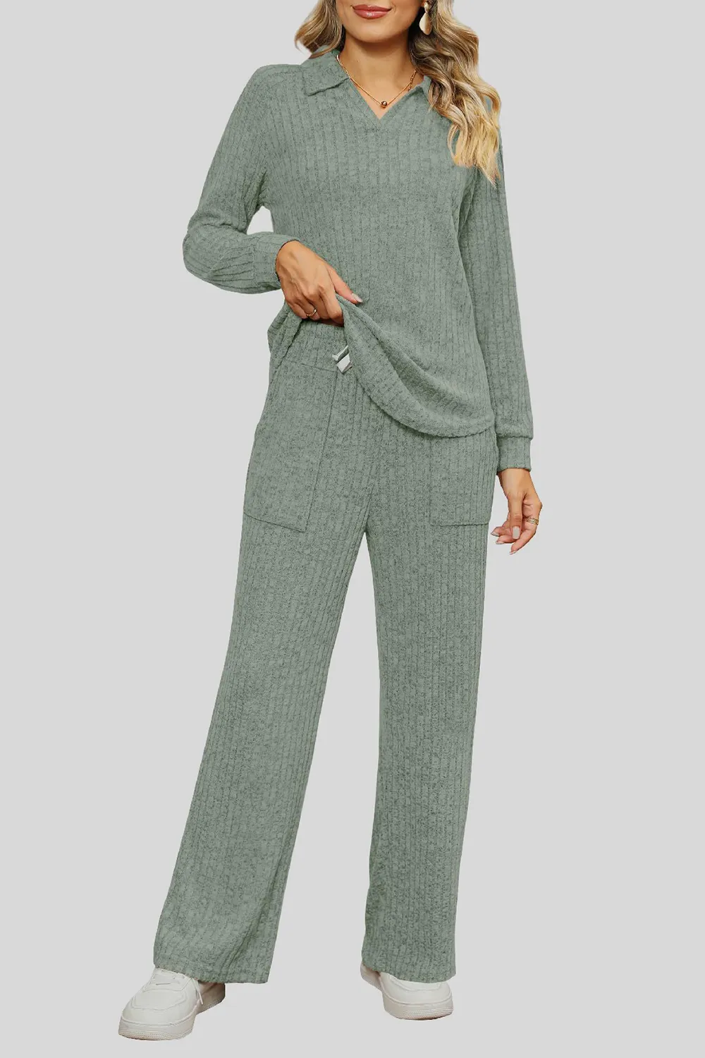 Ribbed Long Sleeve Top and Pocketed Pants Set, image 17