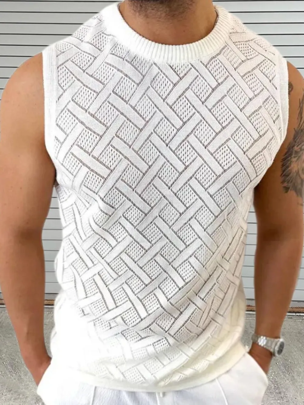 Men's Round Neck Sleeveless Eyelet Knit Top, image 7