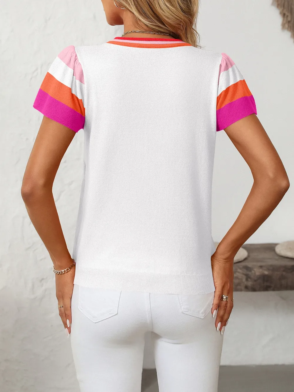 Contrast Round Neck Short Sleeve Knit Top, image 9