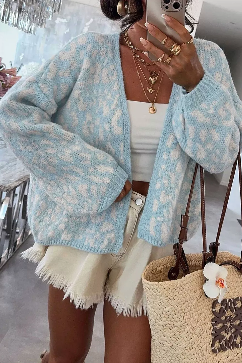 Leopard Print V Neck Long Sleeve Loose Fit Knit Cardigan, image 2