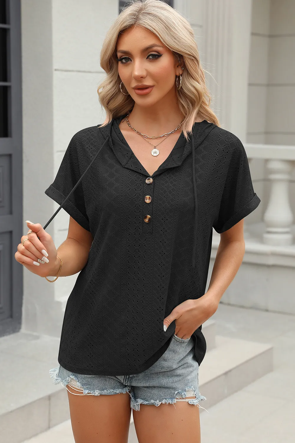 Eyelet Drawstring Hooded Short Sleeve Blouse, image 23