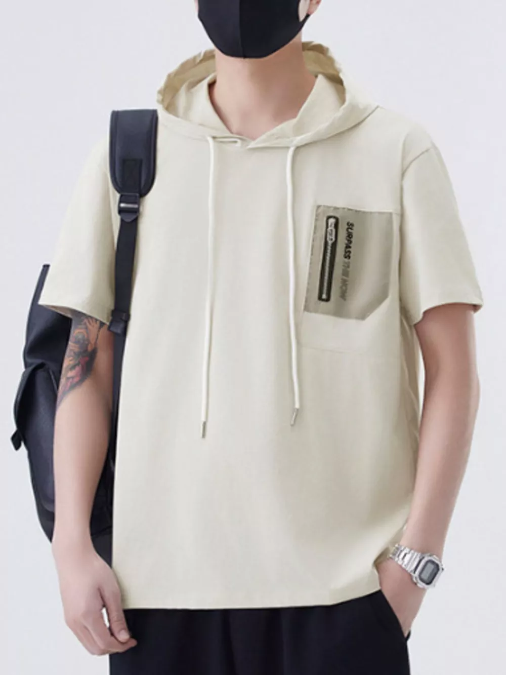Men's Plus Size Drawstring Short Sleeve Hooded Top, image 2