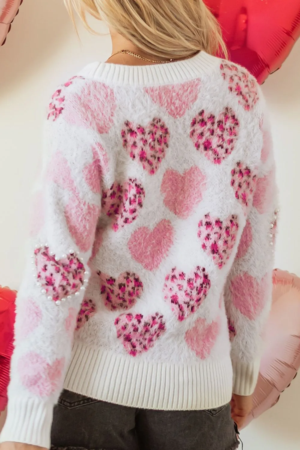 Pearl Detail Heart Round Neck Sweater, image 11