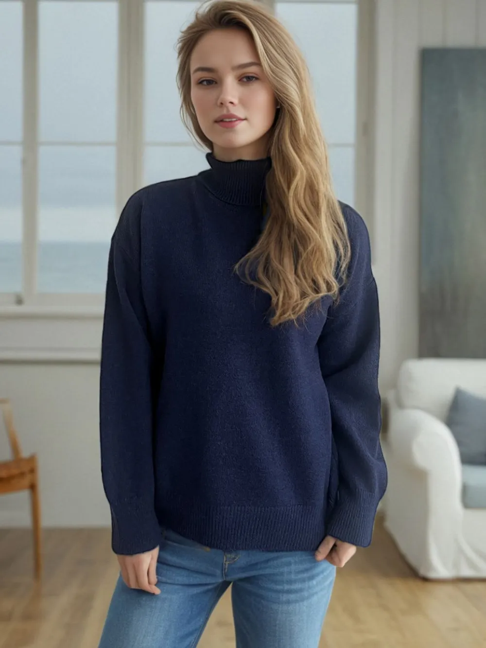 Turtleneck Dropped Shoulder Long Sleeve Sweater, image 2