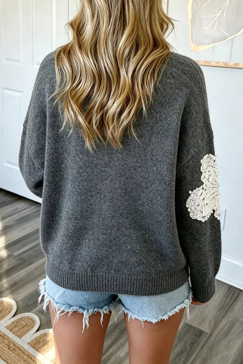 Pearl Embellished Floral Dropped Shoulder Sweater, image 2