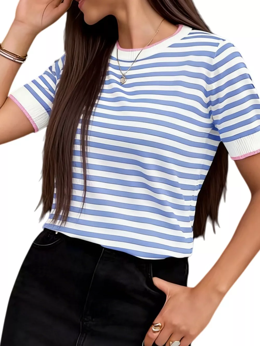 Contrast Trim Striped Short Sleeve Knit Top, image 10
