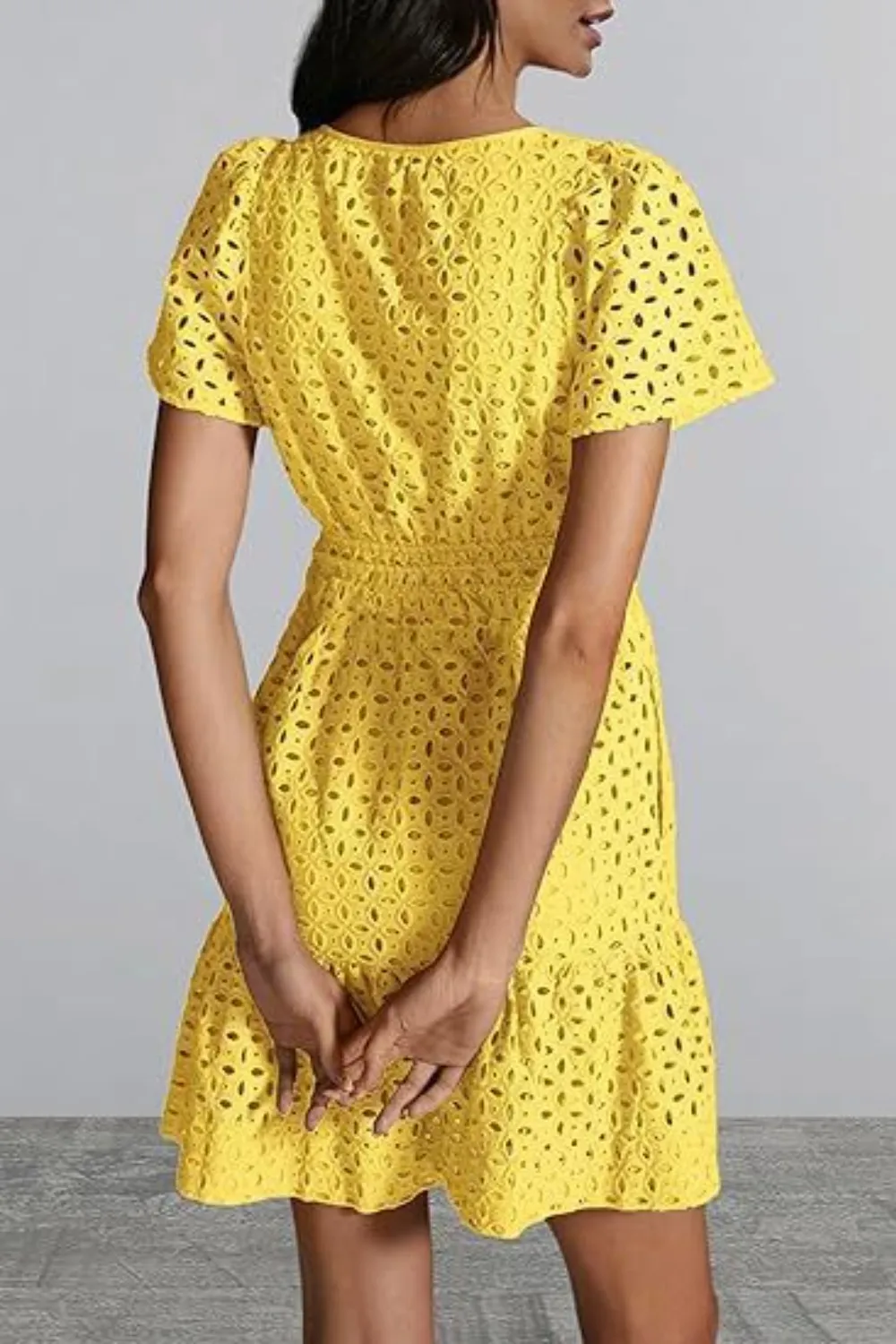 Eyelet Notched Short Sleeve Mini Dress, image 16