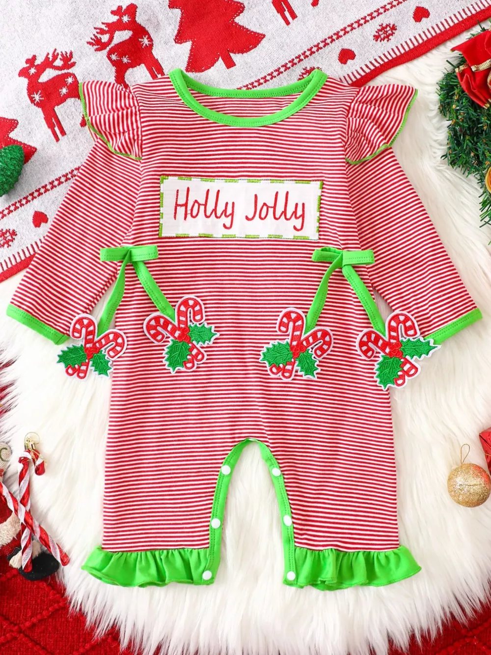 Children's Christmas-Themed Striped Snapped Legs Jumpsuit, image 6