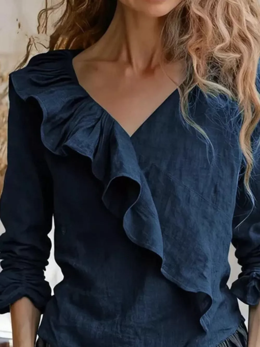V-Neck Ruffled Long Sleeve Blouse, image 14
