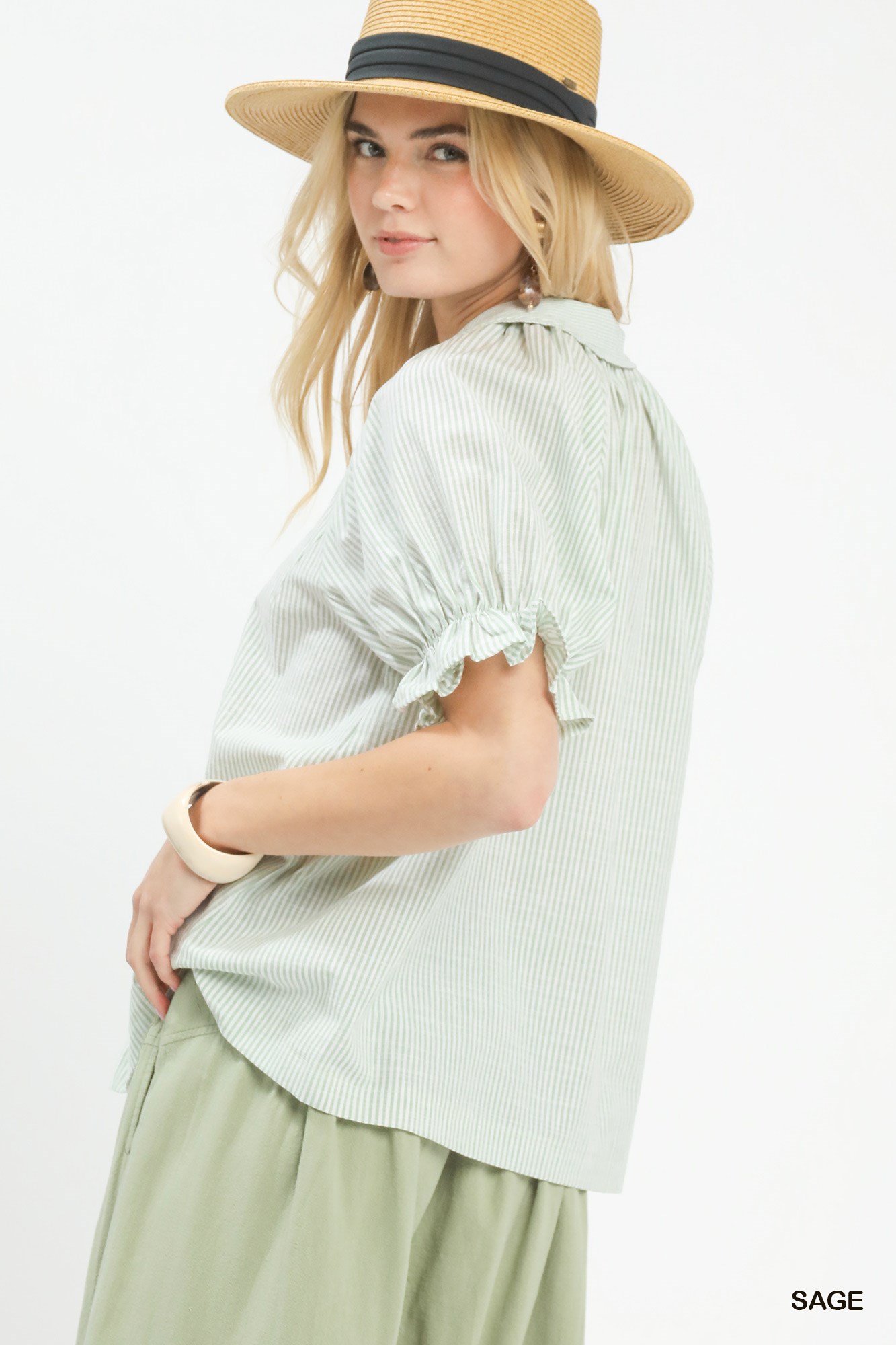 Pinstripe V-Neck Ruffle Sleeve Blouse, image 3