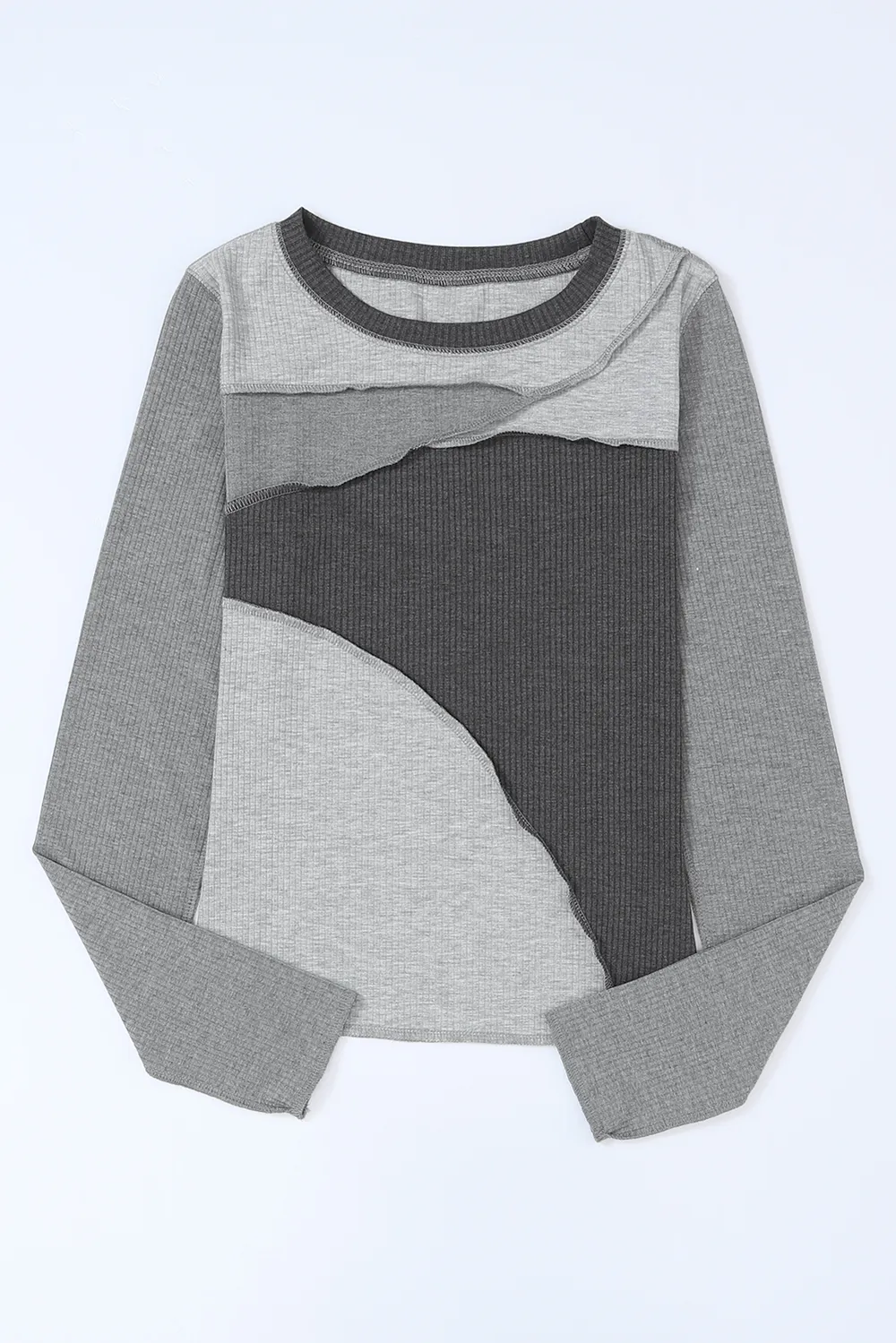 Exposed Seam Contrast Round Neck Long Sleeve T-Shirt, image 21