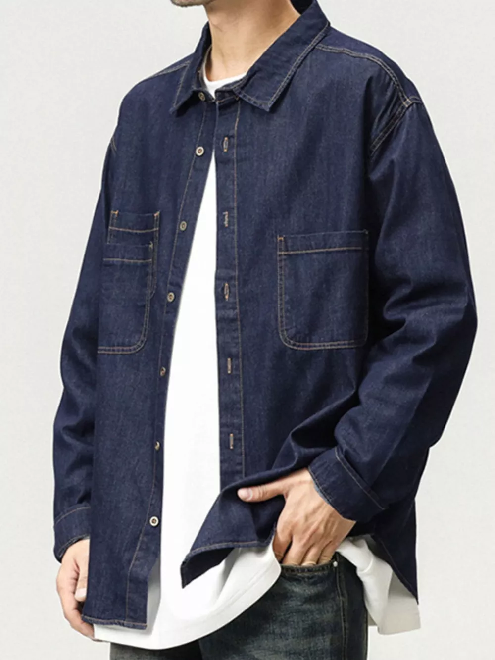 Men's Plus Size Button Up Long Sleeve Denim Shirt, image 2