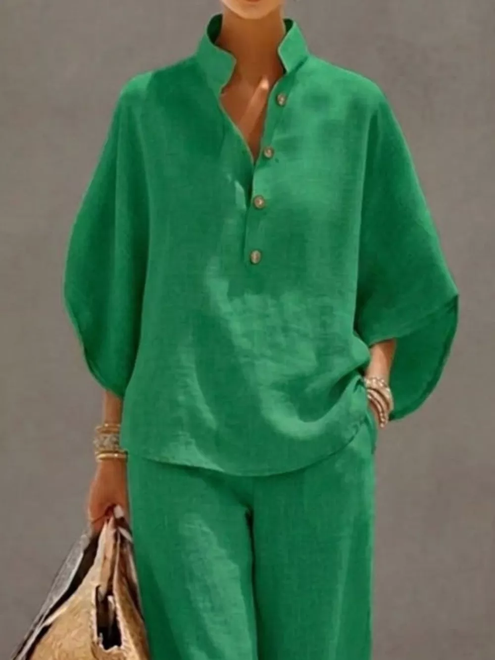 Full Size Button Detail 3/4 Sleeve Top and Pants Set Plus Size, image 6