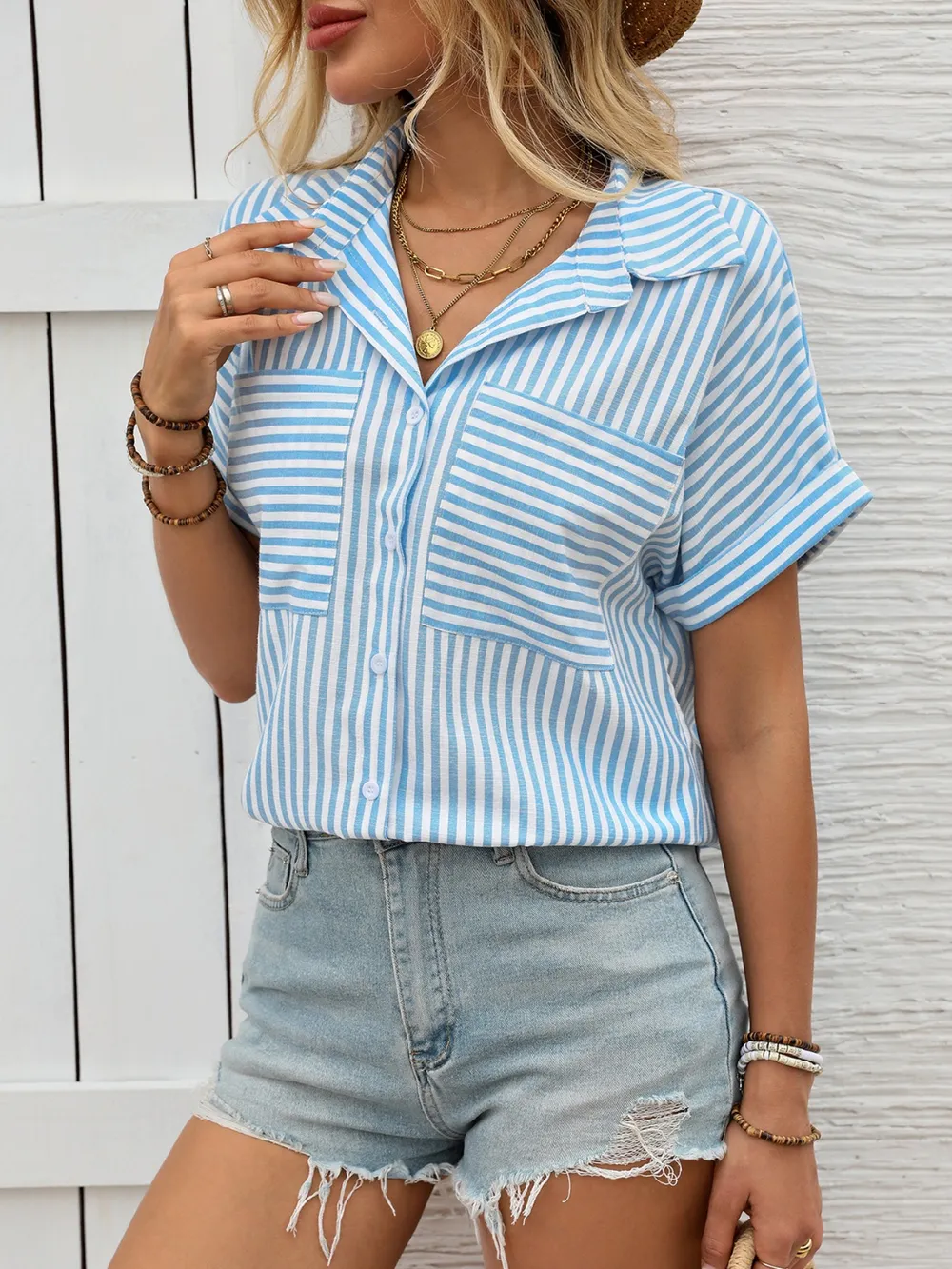 Striped Collared Neck Short Sleeve Shirt, image 5