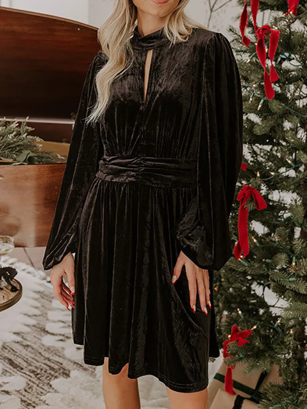Velvet Mock Neck Balloon Sleeve Dress, image 6