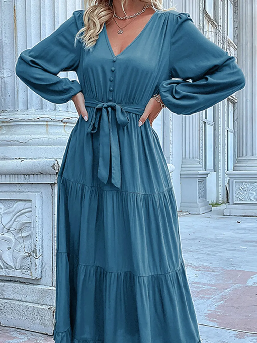Ruffled Hem V-Neck Balloon Sleeve Dress, image 28
