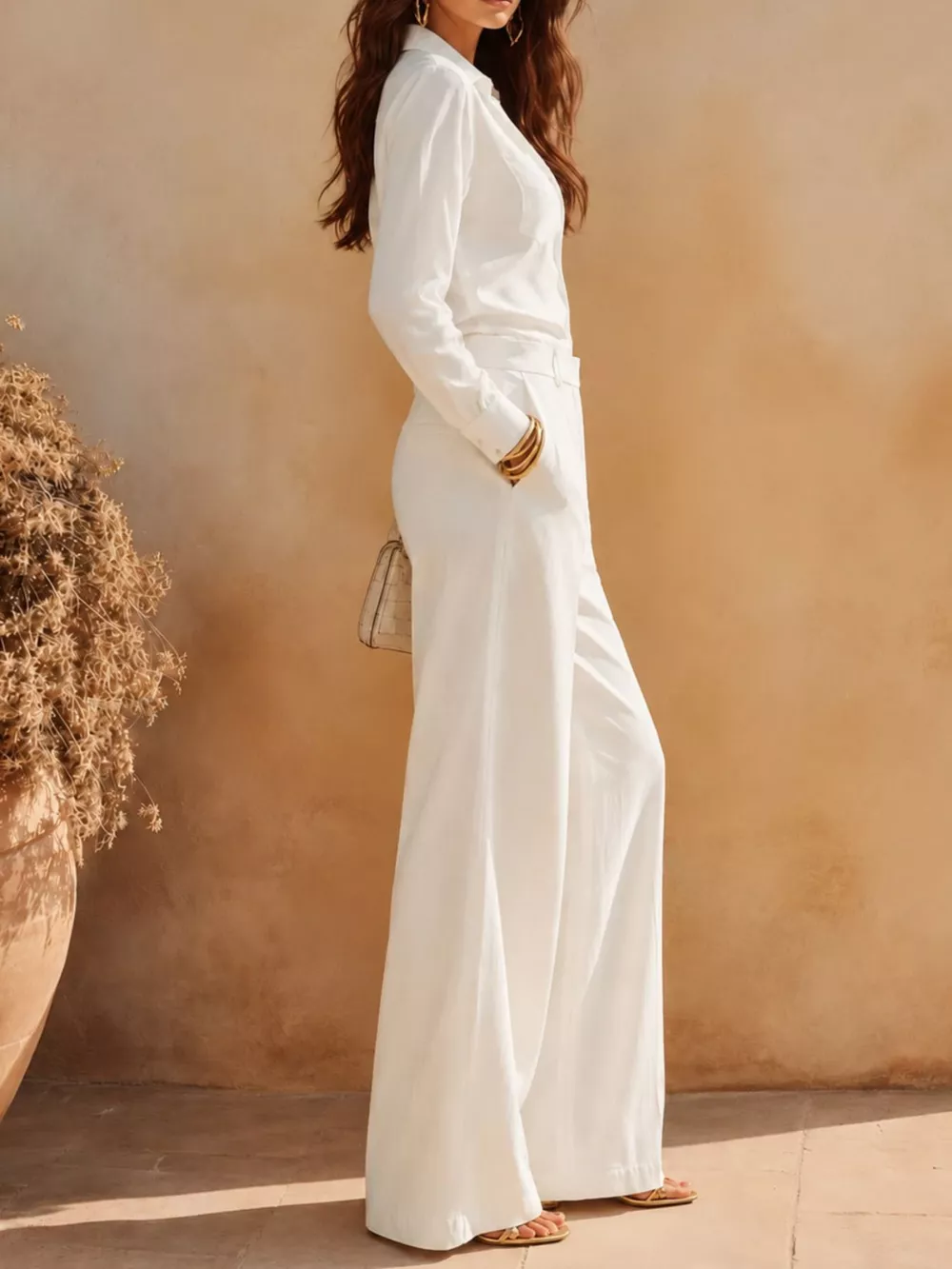 Long Sleeve Shirt and Wide-Leg Pants Set, image 2