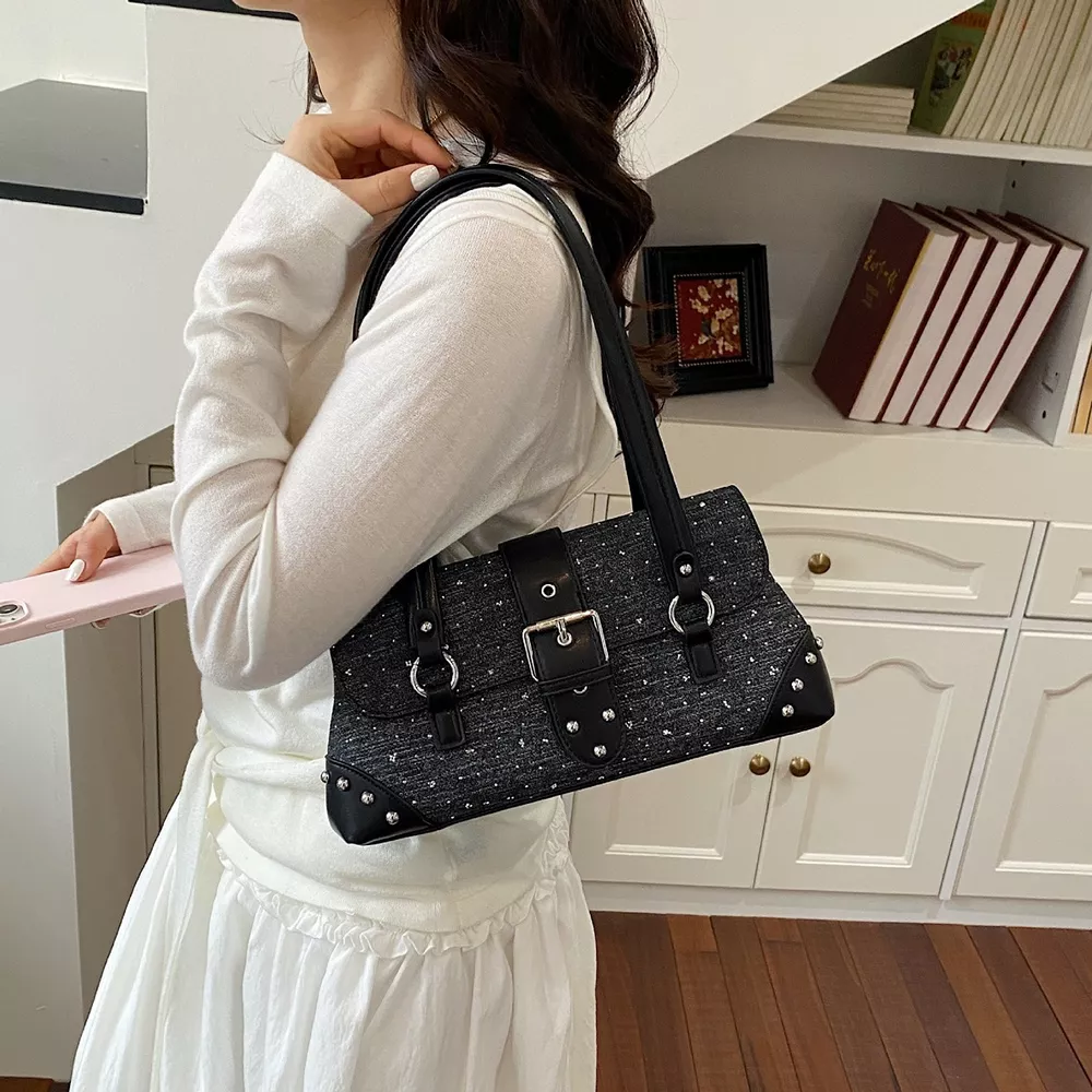 Studded Shoulder Bag with Buckle Detail, image 2
