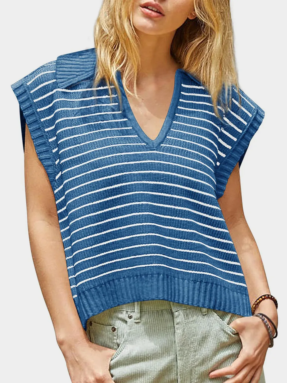 Collared Neck Striped Sweater Vest, image 16