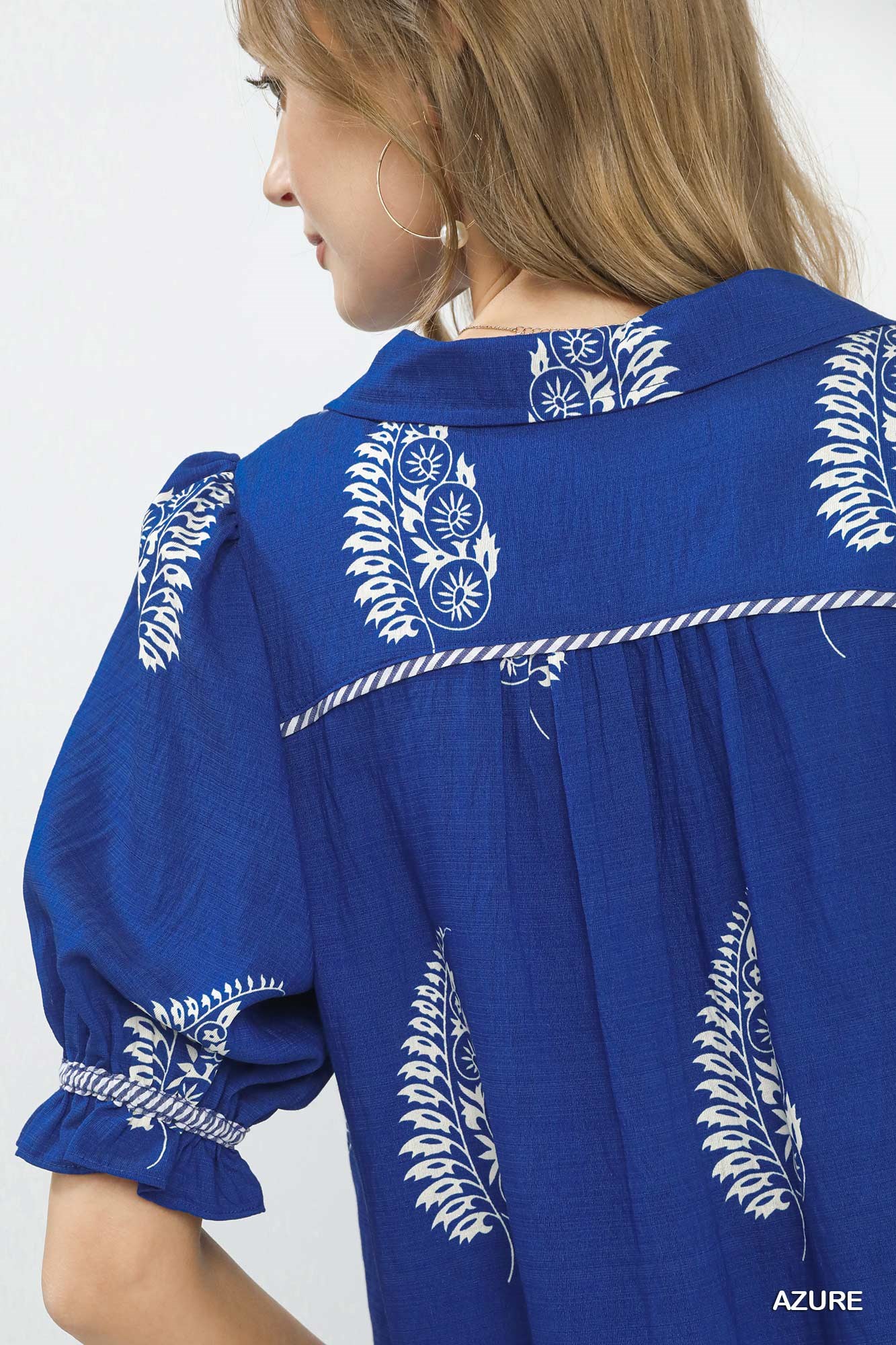 Printed Puff Sleeve Split Neck Top, image 4
