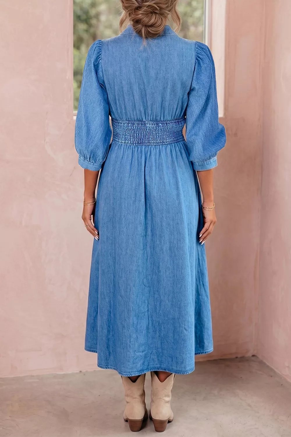 V Neck Shirred Waist Metal Zipper Denim Midi Dress, image 4