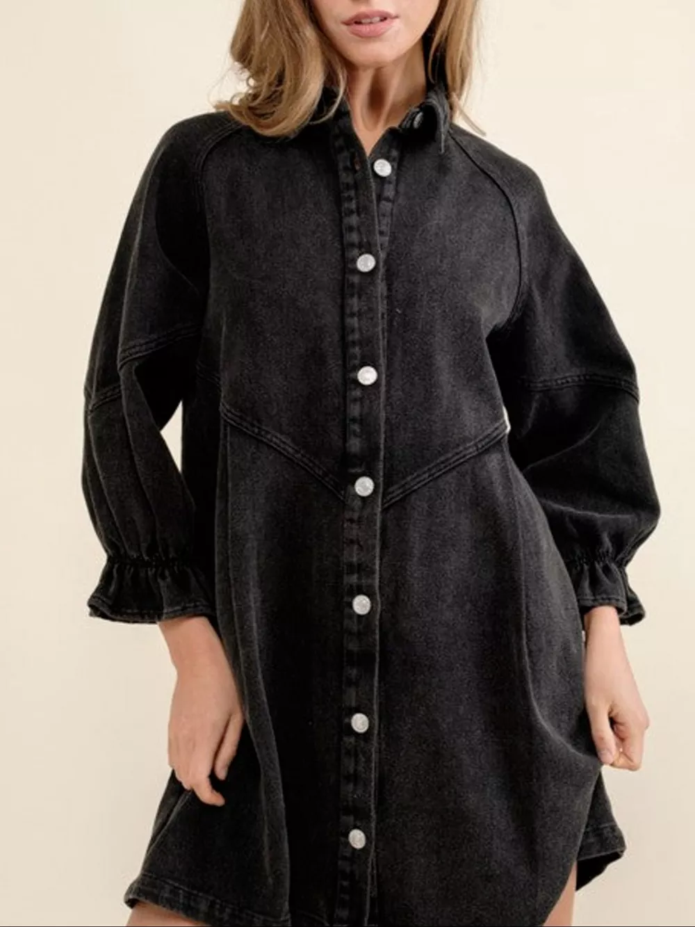 Ruffled Cuff Button-Down Denim Dress, image 15