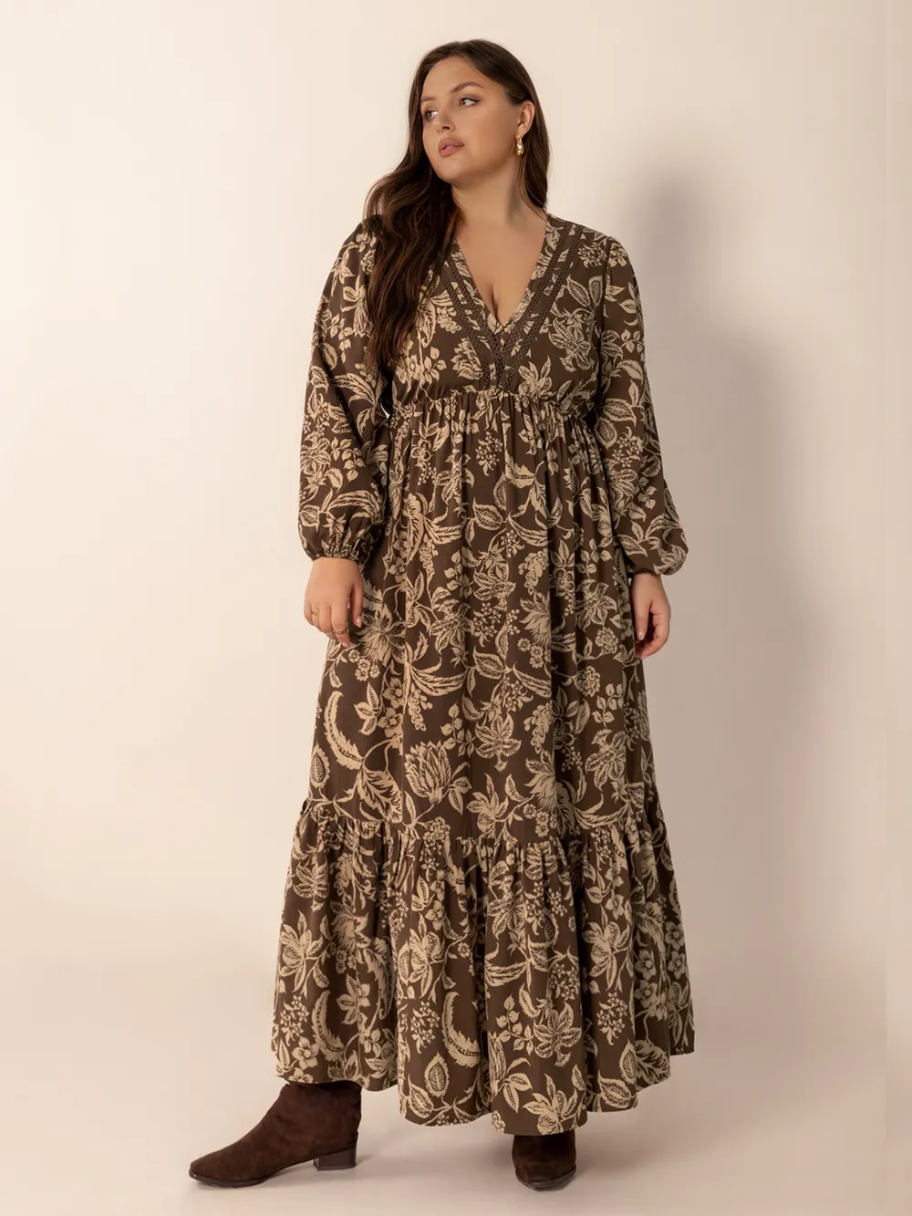 Plus Size Printed V-Neck Balloon Sleeve Maxi Dress, image 5