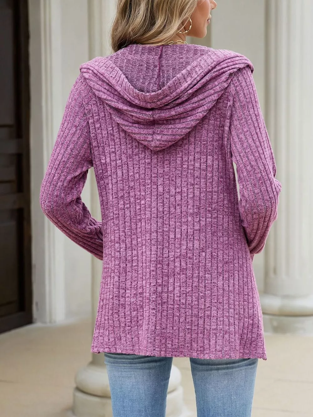 Ribbed Knit Hooded Button-Down Cardigan, image 6