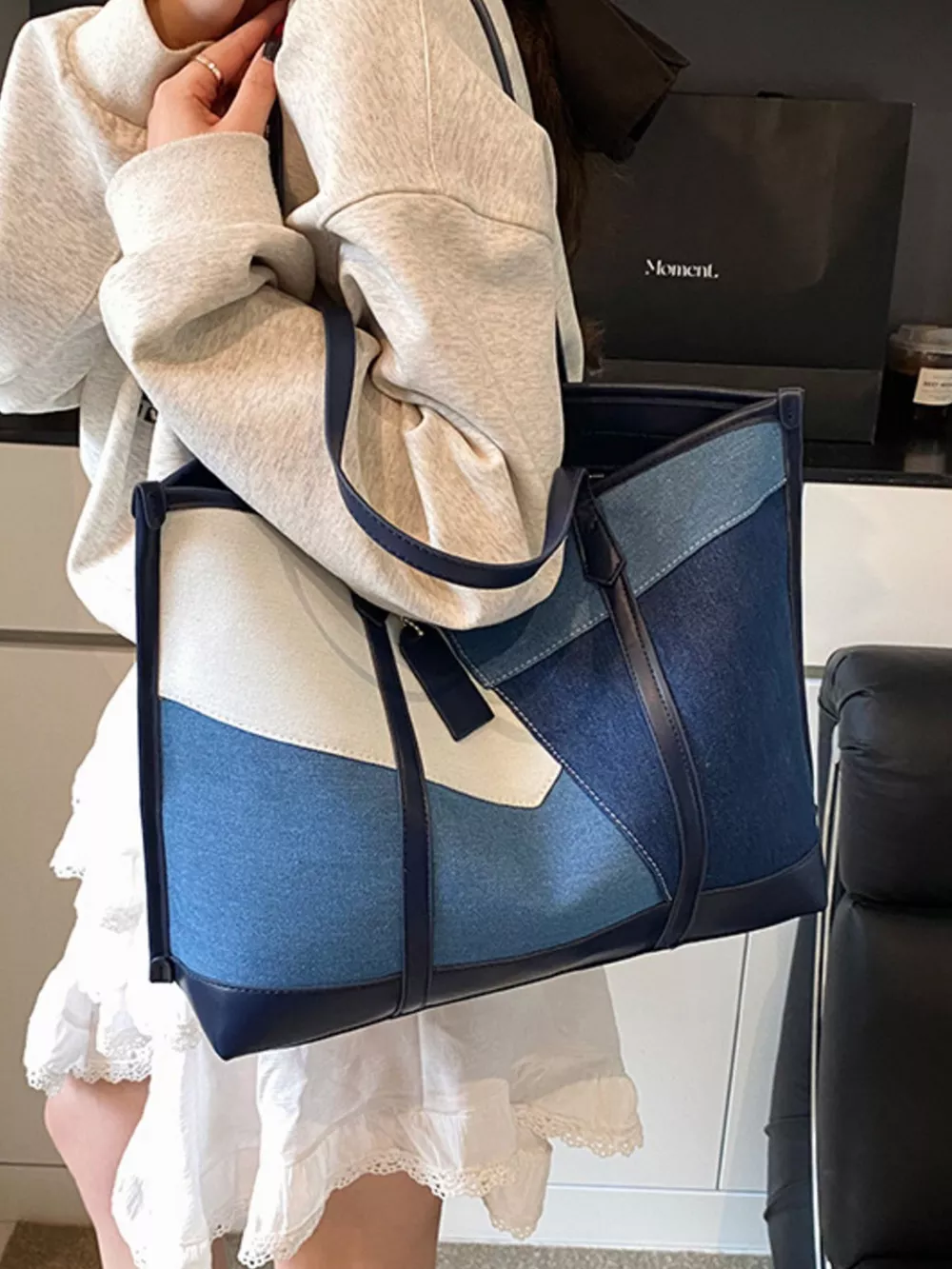 Color Block Denim Shoulder Bag, image 8