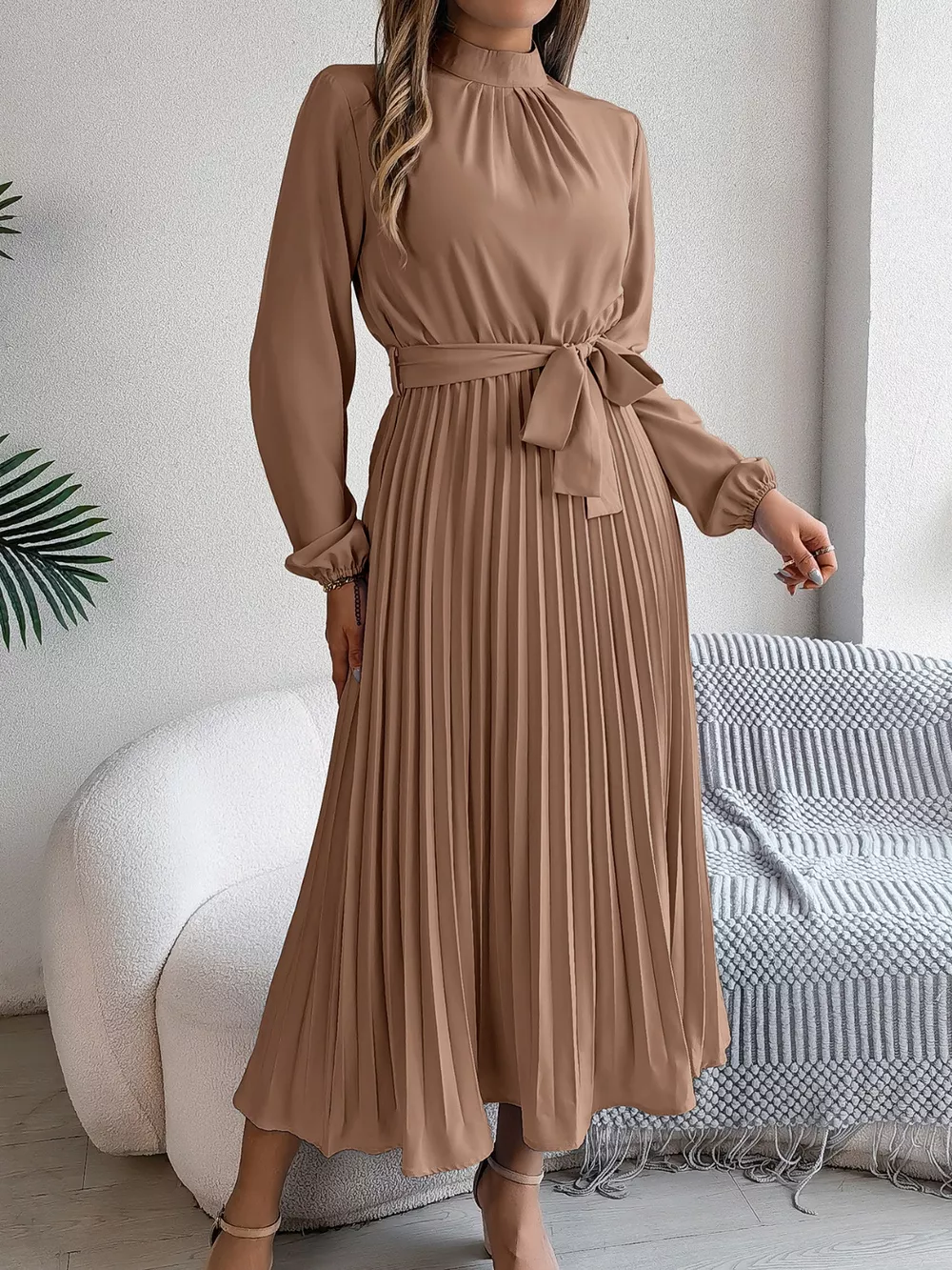 Mock Neck Pleated Midi Dress, image 20