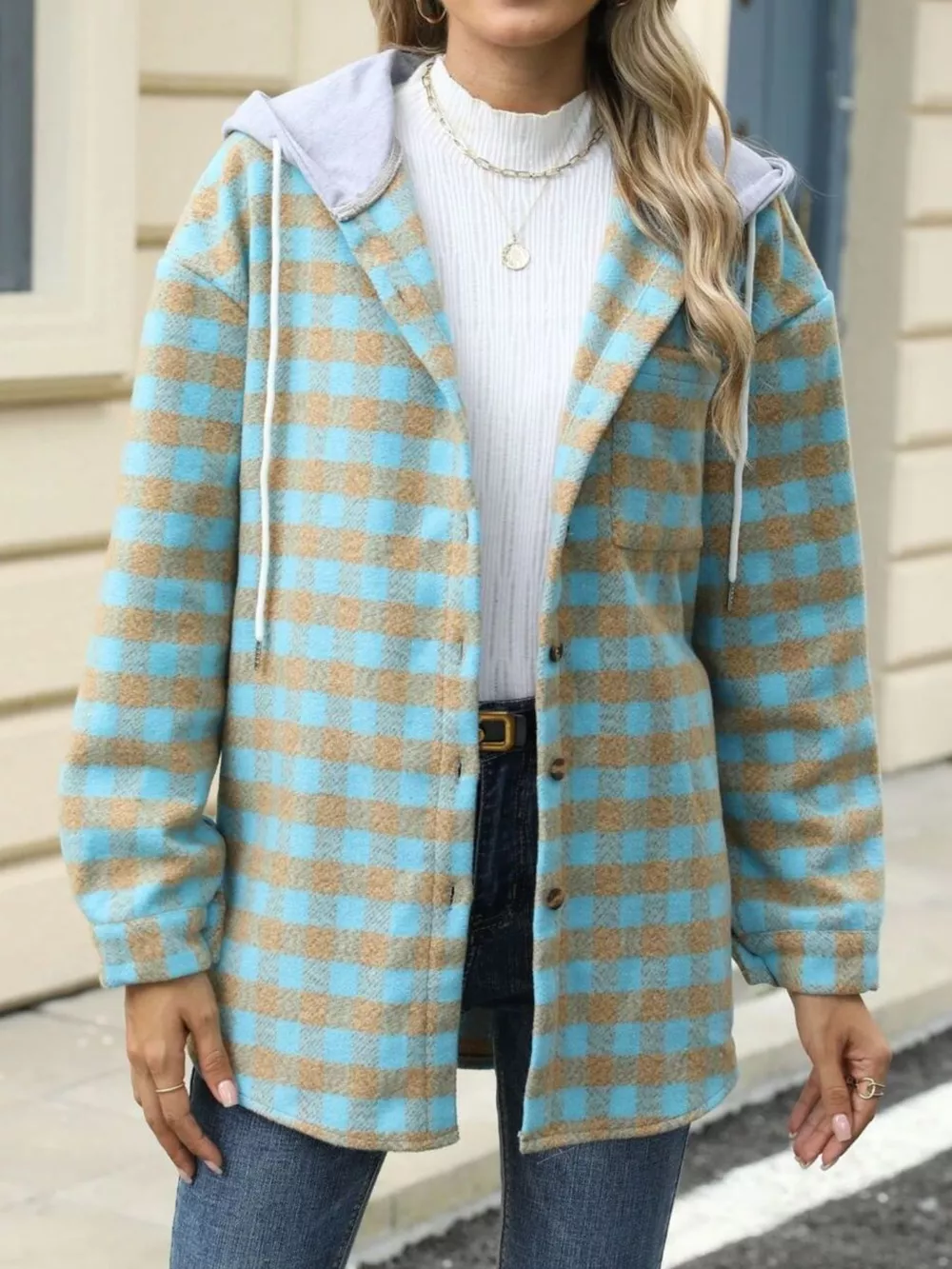 Plaid Button Up Long Sleeve Drawstring Hooded Jacket, image 27