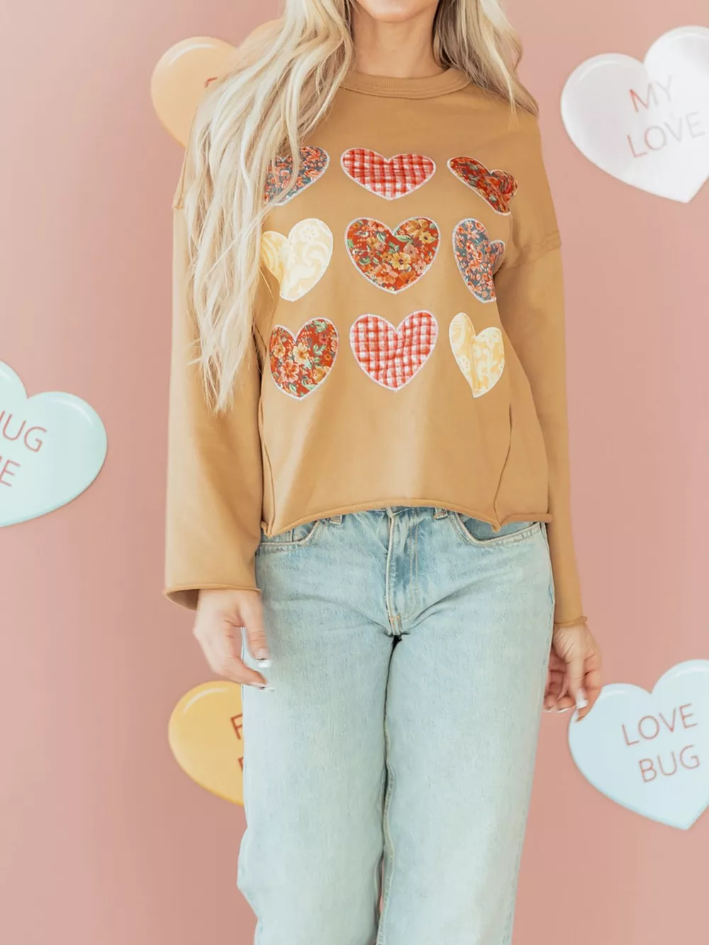 Plaid Floral Heart Stitched Exposed Seam Mineral Wash Sweatshirt, image 8