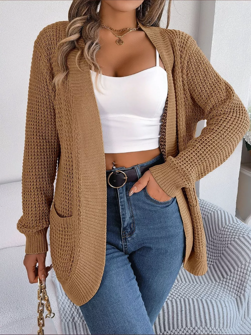 Chunky Knit Open Front Cardigan with Pockets, image 22