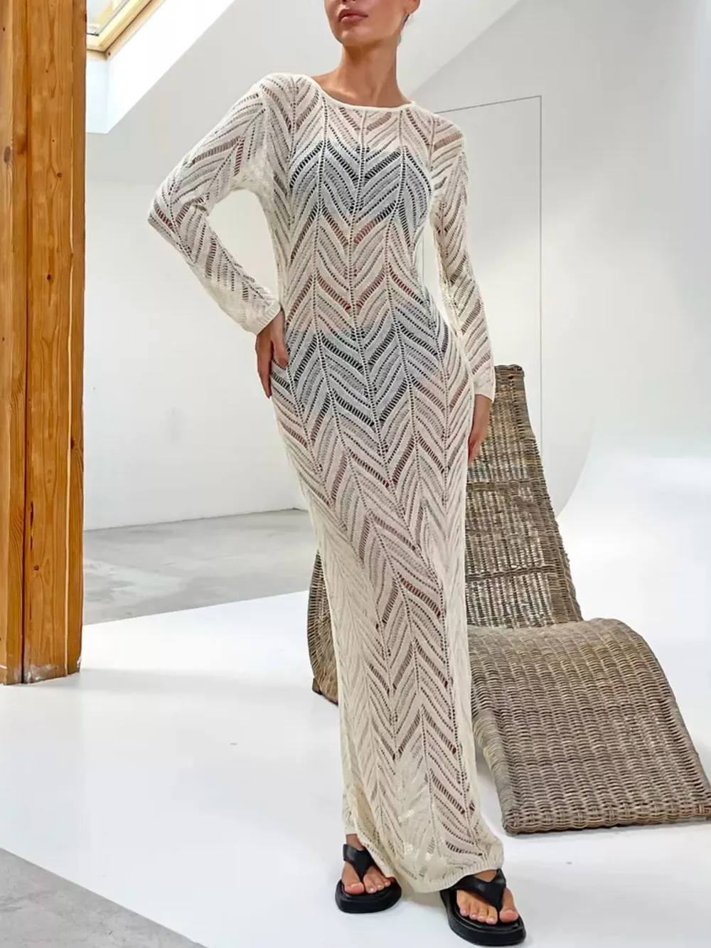 Openwork Long Sleeve Knit Cover Up Dress, image 19