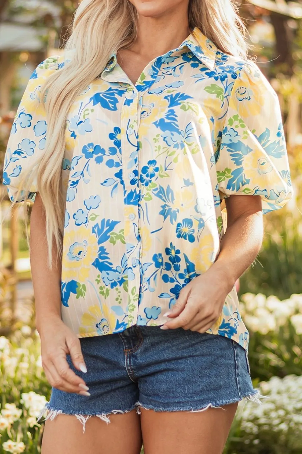 Printed Puff Sleeve Button Down Summer Shirt, image 12