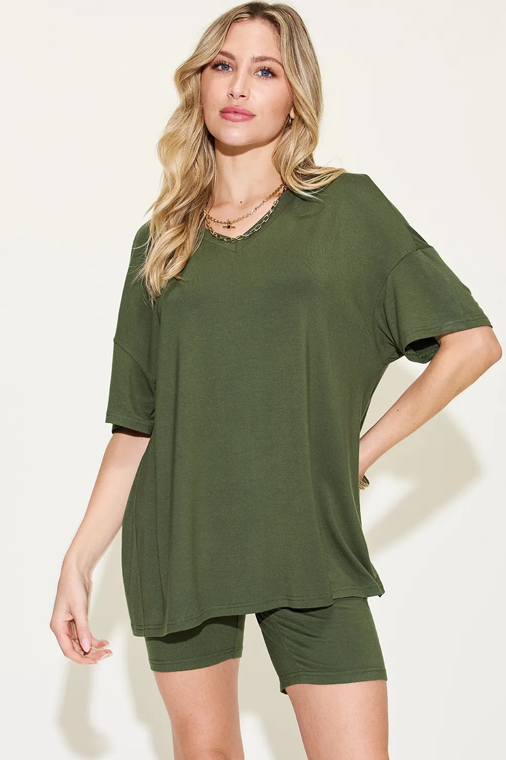 Full Size V-Neck Drop Shoulder T-Shirt and Shorts Set, image 22