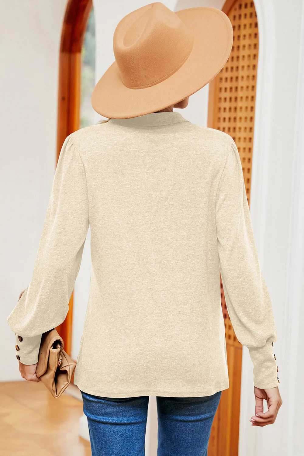 Decorative Button Johnny Collar Lantern Sleeve Blouse, image 12