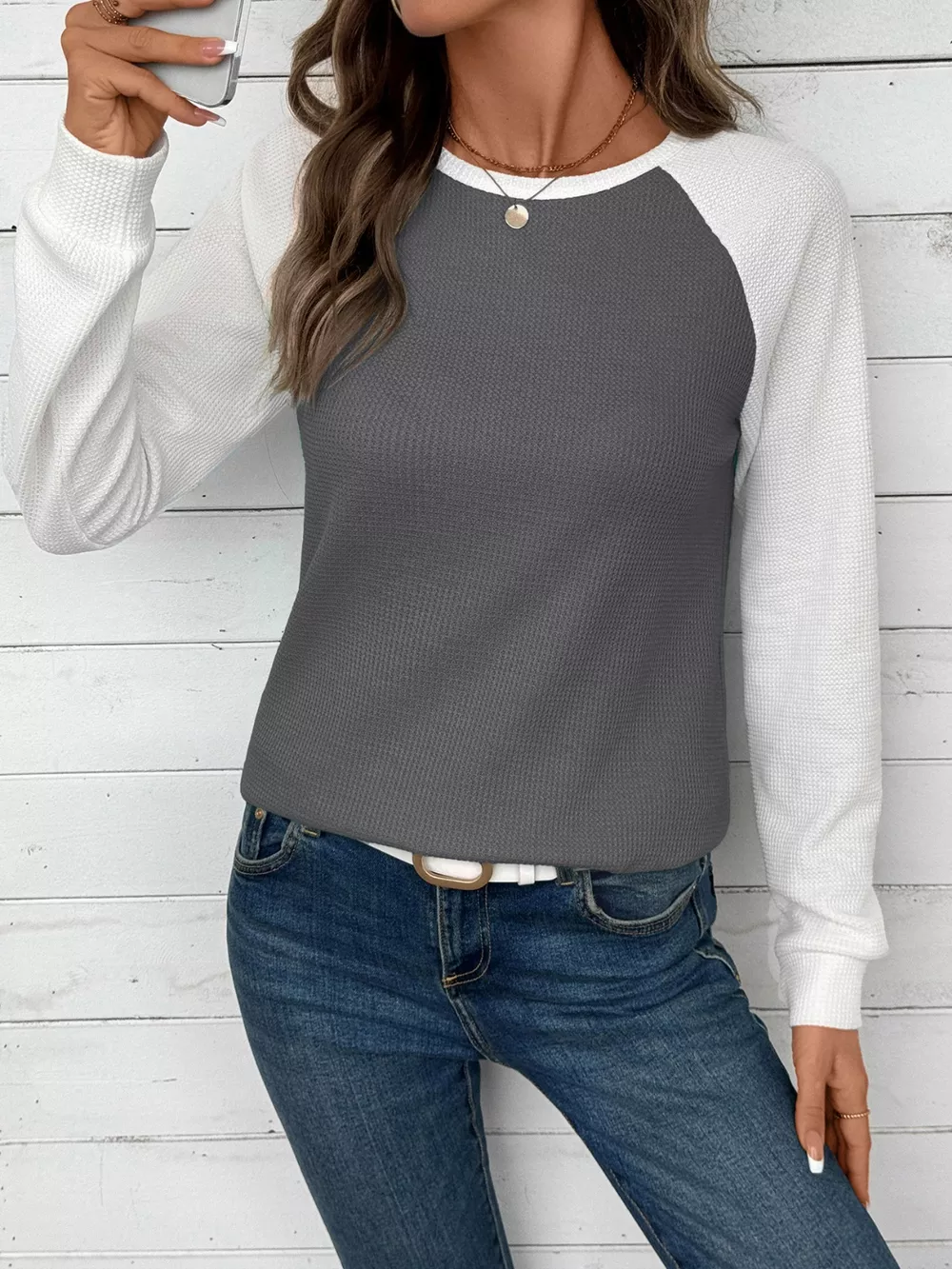 Waffle Knit Raglan Sleeve T-Shirt, image 3