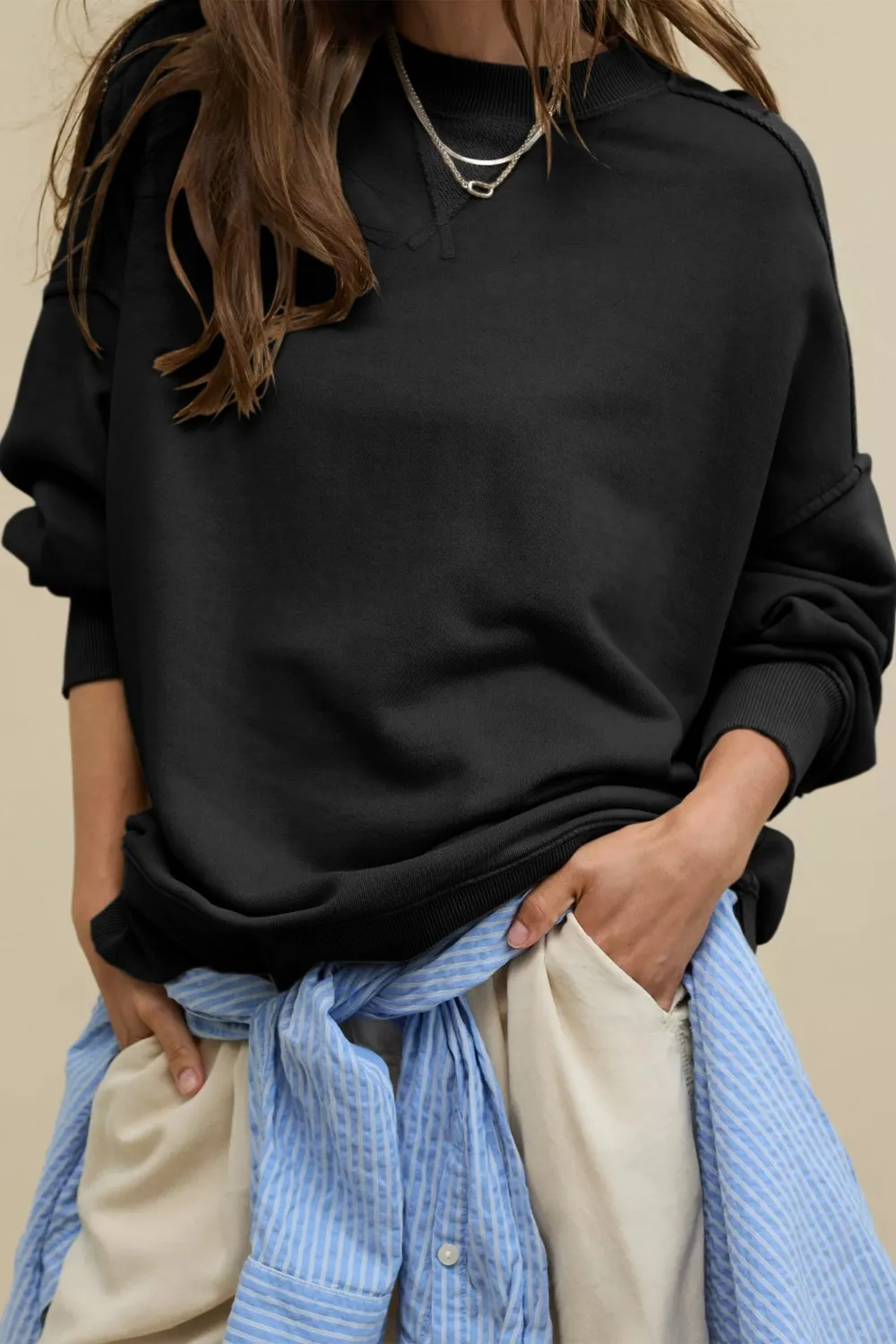 Side Slit Round Neck Long Sleeve Sweatshirt, image 7