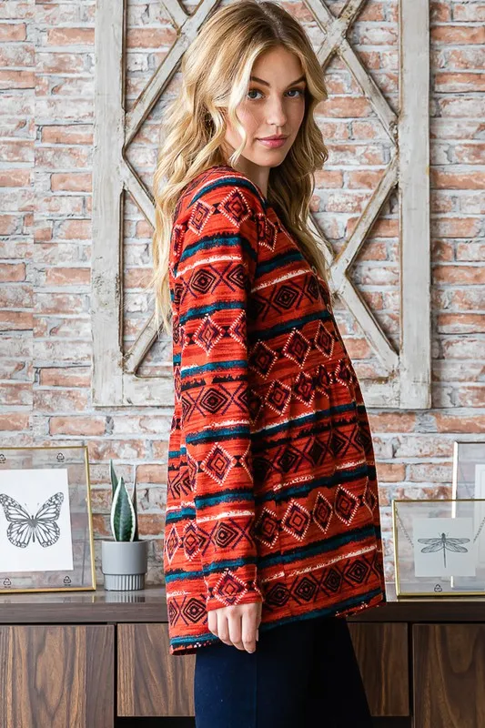 Full Size Geometric Button Detail Long Sleeve Babydoll Top, image 3