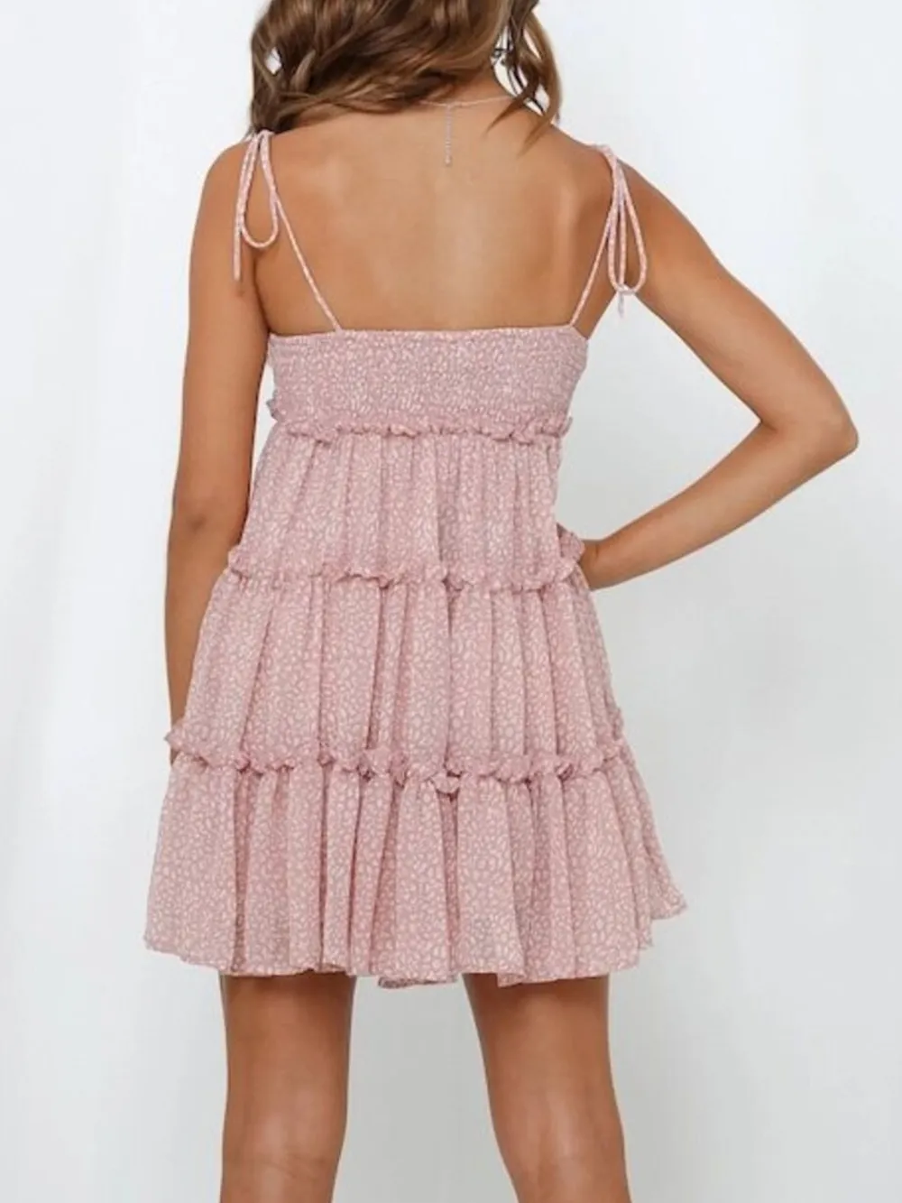 Printed Tie-Strap Tiered Mini Dress, image 5